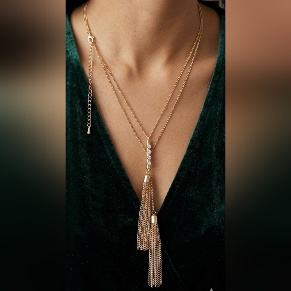 Gold-Toned Double Tassel Lariat Necklace - 23" Bohemian Statement